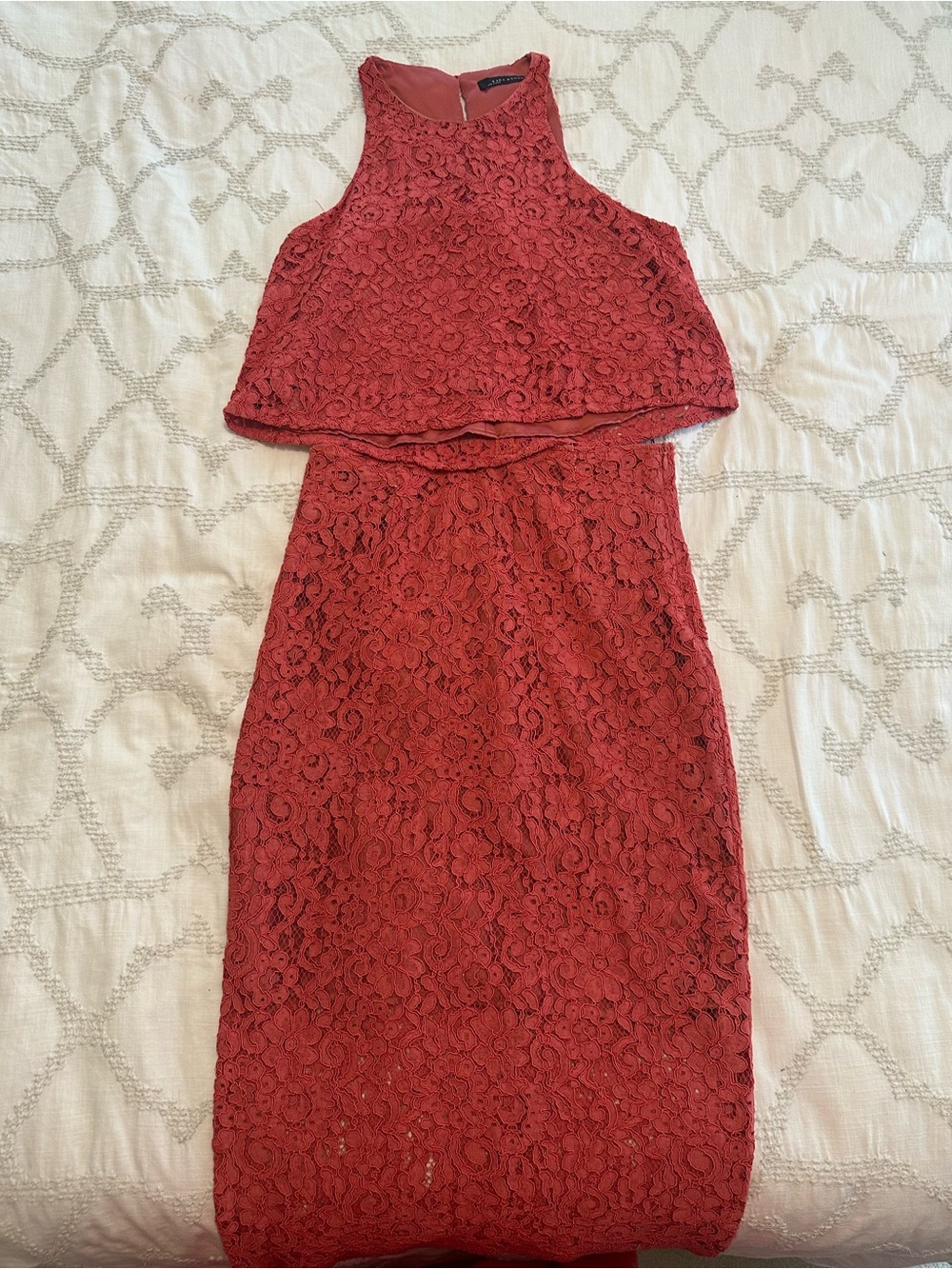 Zara Brick Red Lace Midi Dress - Two-Piece Look